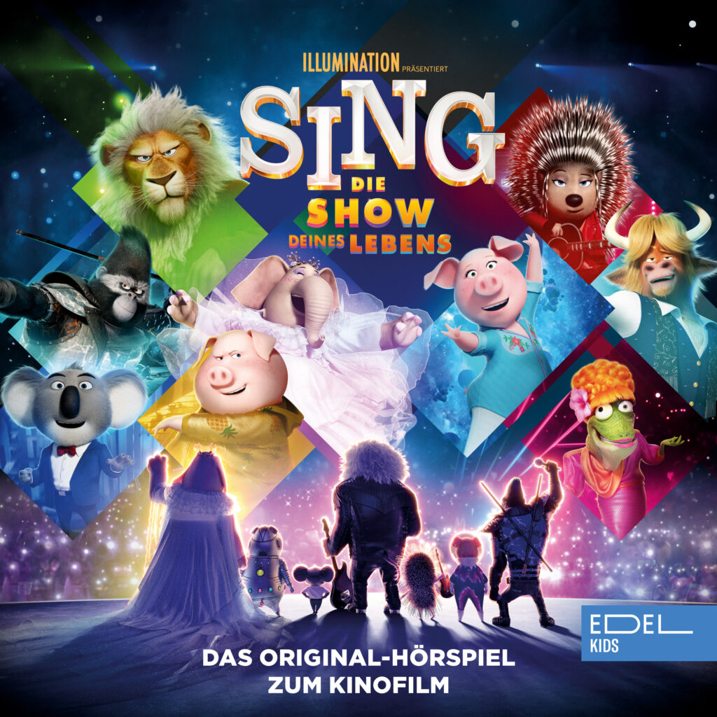 Cover zum Original-Hörspiel von Sing - Die Show deines Lebens, dem zweiten Kinofilm der Sing-Reihe. Man sieht alle Hauptcharaktere aus dem Film in buntem Scheinwerferlicht.