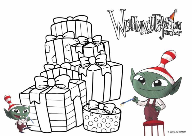 Ausmalbild zu Weihnachtsmann Junior. Man sieht das Weihnachtsmann Junior Logo sowie einige Elfen aus der Serie. Zudem eine leere Ausmalvorlage mehrerer Geschenke.