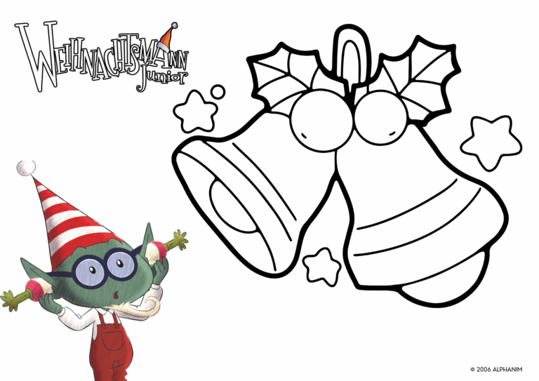 Ausmalbild zu Weihnachtsmann Junior. Man sieht das Weihnachtsmann Junior Logo sowie einen Elfen aus der Serie. Zudem eine leere Ausmalvorlage einer Glocke.