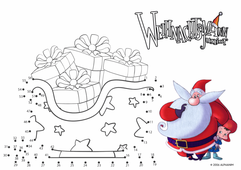 Ausmalbild zu Weihnachtsmann Junior. Man sieht das Weihnachtsmann Junior Logo sowie Den Weihnachtsmann und Niklas aus der Serie. Zudem eine leere Ausmalvorlage eines Weihnachtsschlittens.