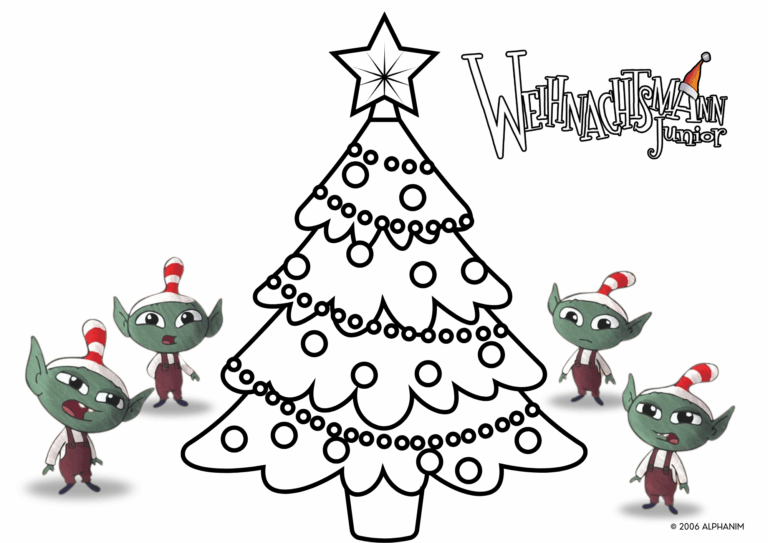 Ausmalbild zu Weihnachtsmann Junior. Man sieht das Weihnachtsmann Junior Logo sowie einige Elfen aus der Serie. Zudem eine leere Ausmalvorlage eines Tannenbaums.
