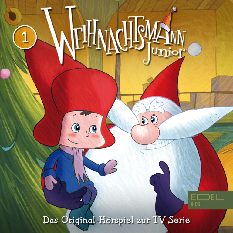 Weihnachtsmann Junior Hörspielcover Folge 1: Auf dem Bild ist der kleine Niklas auf dem Schoß des Weihnachtsmannes zu sehen