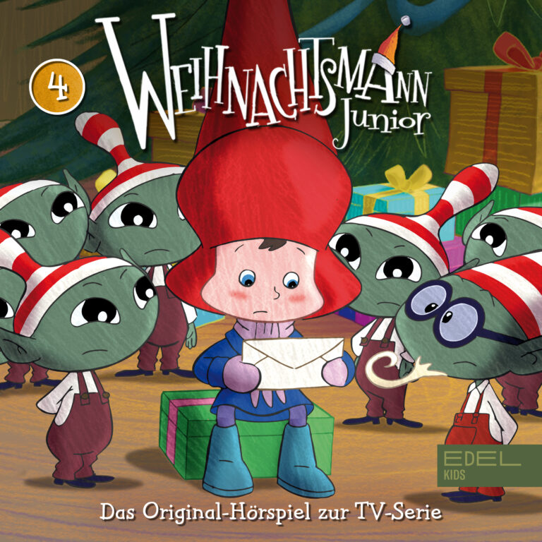 Weihnachtsmann Junior Hörspielcover Folge 4: Auf dem Bild ist Niklas mit umzingelt von Elfen zu sehen, wie er einen Brief anschaut.