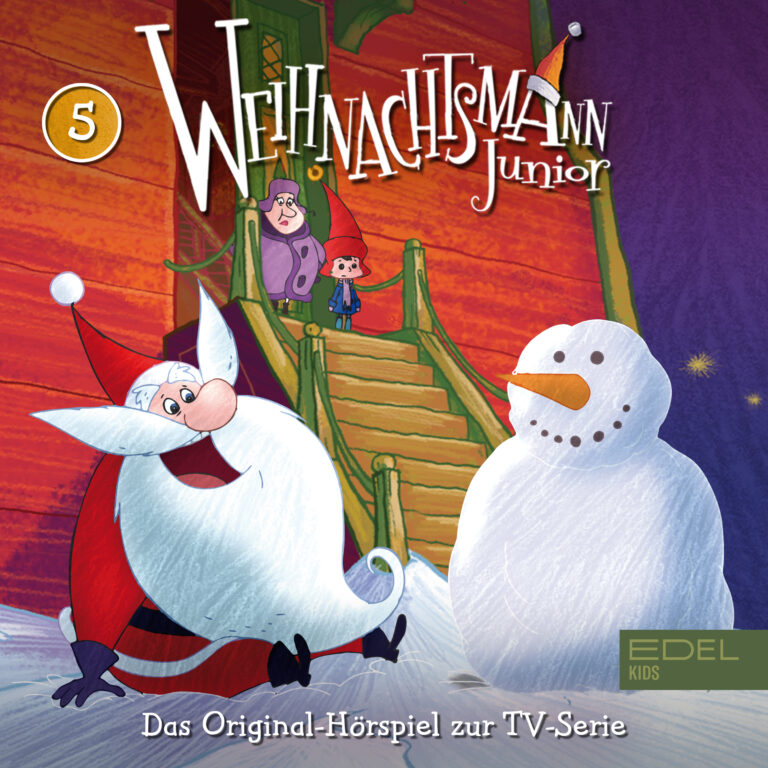 Weihnachtsmann Junior Hörspielcover Folge 5: Auf dem Bild ist der Weihnachtsmann freudig neben einem Schneemann zu sehen. Im Hintergrund stehen Niklas und die Frau des Weihnachtsmanns. Sie schauen erschrocken.