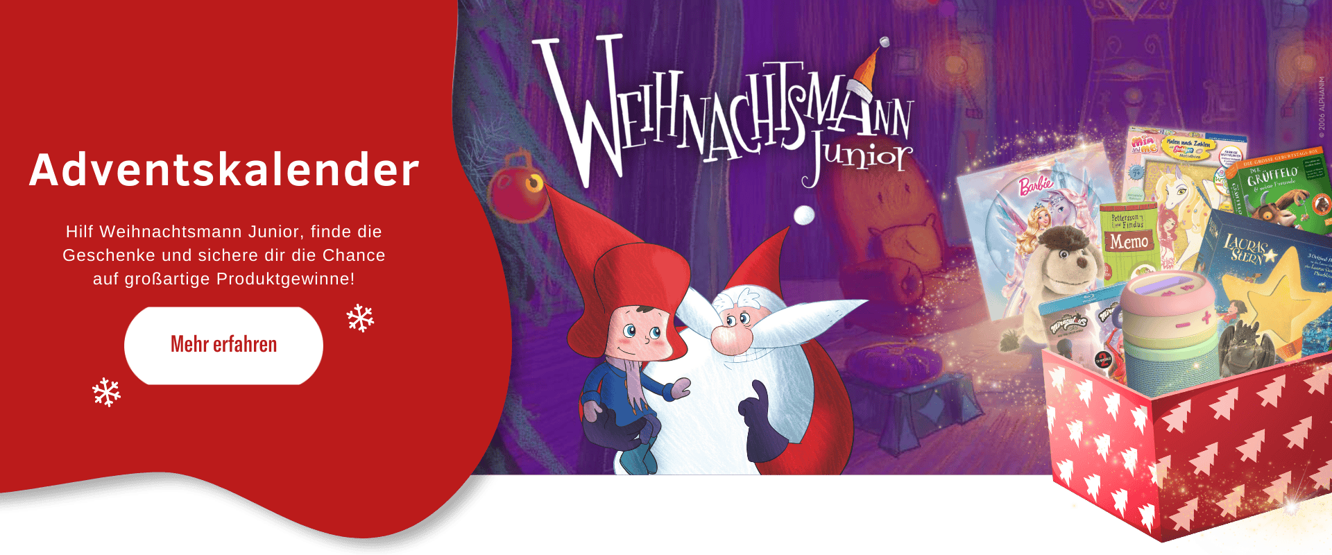 Hier sieht man das Banner zum Edel Kids Adventskalender 2025, bei dem man Weihnachtsmann Junior helfen muss. Auf dem Banner ist Weihnachtsmann Junior Niklas im Arm vom Weihnachtsmann abgebildet , darüber das Logo und ein Gewinnpaket mit Produkten, die es während des Adventskalenders zu gewinnen gibt. Auf dem Banner steht außerdem auf einem roten Fleck "Adventskalender: Hilf Weihnachtsmann Junior, finde die Geschenke und sichere dir die Chance auf großartige Produktgewinne" mit einem Button mit "Mehr erfahren"