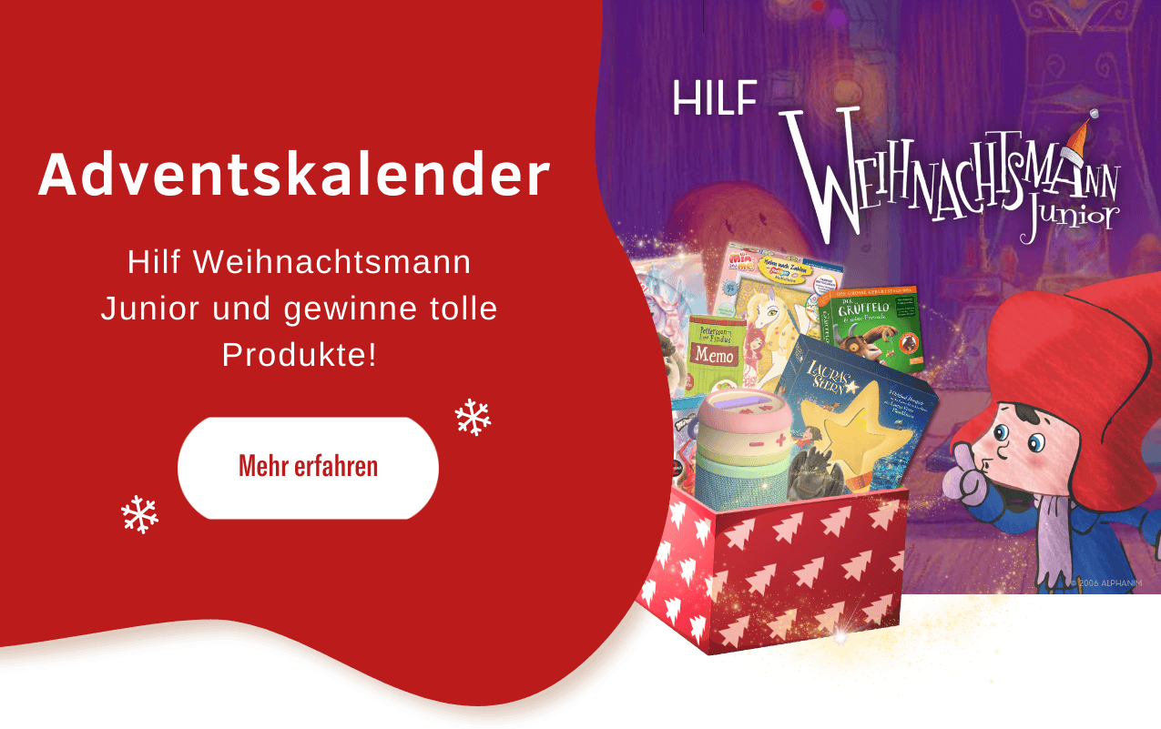 Hier sieht man das Banner zum Edel Kids Adventskalender 2025, bei dem man Weihnachtsmann Junior helfen muss. Auf dem Banner ist Weihnachtsmann Junior Niklas im Arm vom Weihnachtsmann abgebildet , darüber das Logo und ein Gewinnpaket mit Produkten, die es während des Adventskalenders zu gewinnen gibt. Auf dem Banner steht außerdem auf einem roten Fleck "Adventskalender: Hilf Weihnachtsmann Junior, finde die Geschenke und sichere dir die Chance auf großartige Produktgewinne" mit einem Button mit "Mehr erfahren" Banner für die mobile Ansicht Der Banner verlinkt zur Landingpage des Adventskalenders.