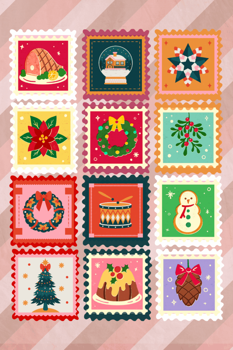 Bastelvorlage für ein Weihnachtsmemo. Man sieht die Rückseiten für das Memo-Spiel in unterschiedlichen Farben und Grafiken weihnachtlich gestaltet.