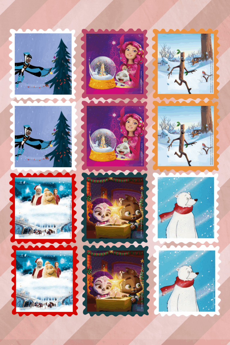 Bastelvorlage für ein Weihnachtsmemo. Man sieht die Vorderseite für das Memo-Spiel mit verschiedenen Charakteren aus den Hörspielen von Edel Kids jeweils im Pärchen.