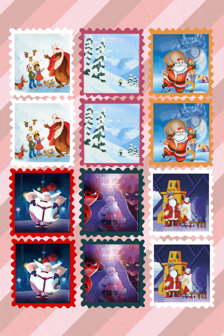 Bastelvorlage für ein Weihnachtsmemo. Man sieht die Vorderseite für das Memo-Spiel mit verschiedenen Charakteren aus den Hörspielen von Edel Kids jeweils im Pärchen.