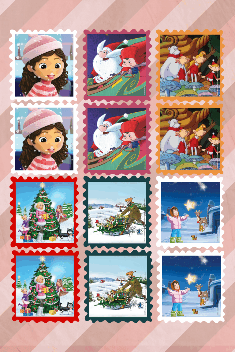 Bastelvorlage für ein Weihnachtsmemo. Man sieht die Vorderseite für das Memo-Spiel mit verschiedenen Charakteren aus den Hörspielen von Edel Kids jeweils im Pärchen.