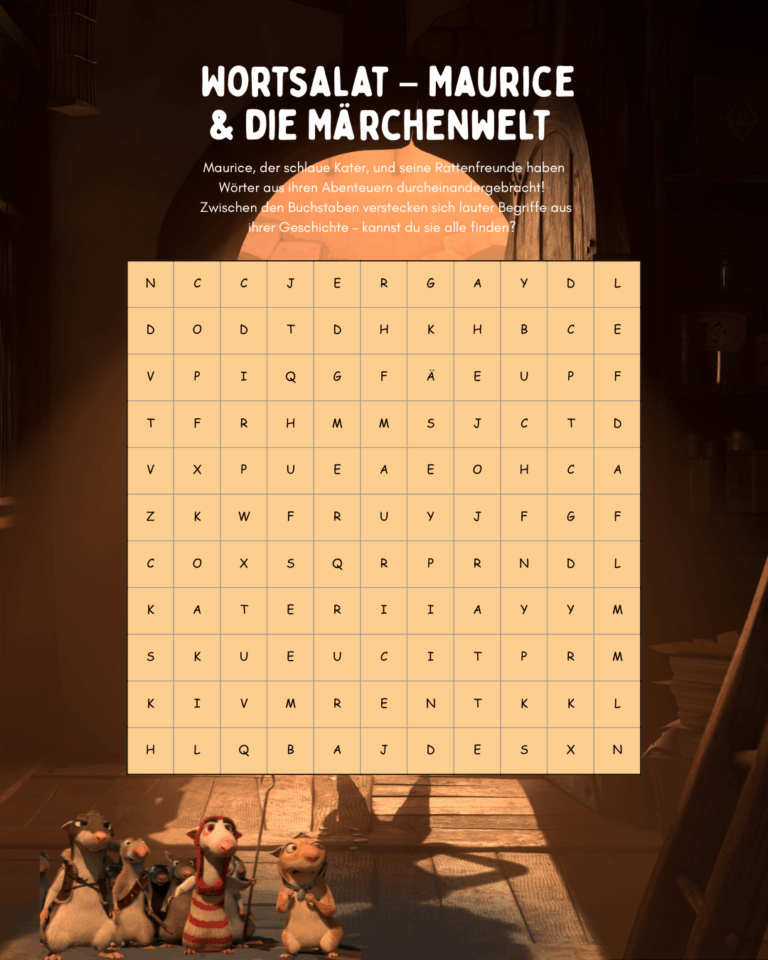 Man sieht ein Bilderrätsel mit vielen verschiedenen einzelnen Buchstaben in einem Quadrat angeordnet. Als Überschrift über dem Rätsel steht "Wortsalat - Maurice und die Märchenwelt". Man sieht unter dem Rätsel außerdem mehrere Mäuse, die Charaktere aus dem Film sind.