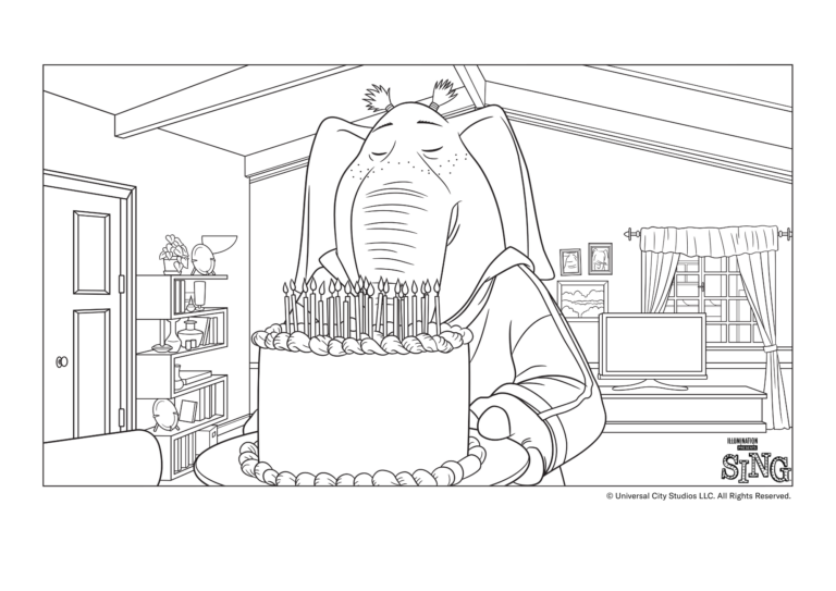 Ein Ausmalbild von dem Sing Charakter "Meena". Man sieht einen Elefanten mit einer Geburtstagstorte in der Hand.