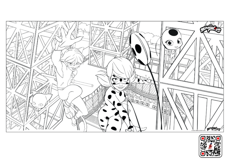 Ausmalbild von Miraculous. Man sieht die beiden Hauptcharaktere "Ladybug" und "Cat Noir" auf dem Pariser Eiffelturm.