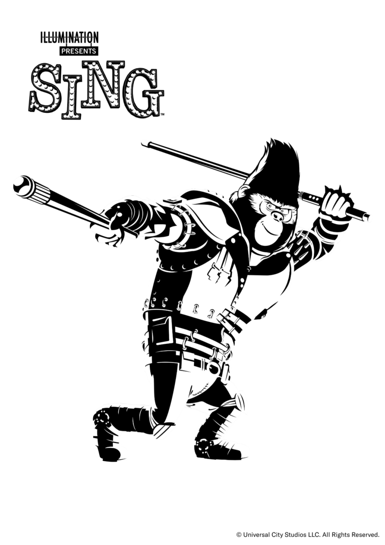 Ausmalbild von Sing im Cartoon-Stil. Man sieht den Gorilla "Johnny" mit einer Gitarre unter dem Arm.