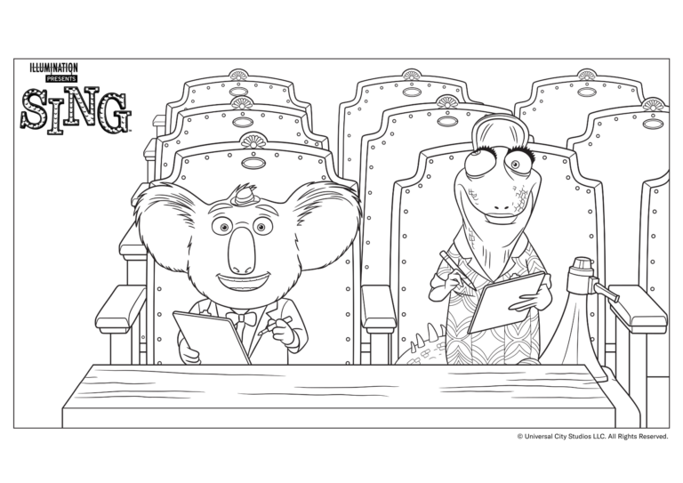 Ausmalbild von Sing. Man sieht den Koala "Buster Moon" und die Eidechse "Miss Crawly" in einem Theater sitzen mit Notizbögen in der Hand.