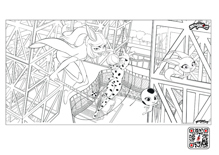 Ausmalbild zu Miraculous. Man sieht die Charaktere Ladybug und Rena Rouge vor dem Pariser Eiffelturm.