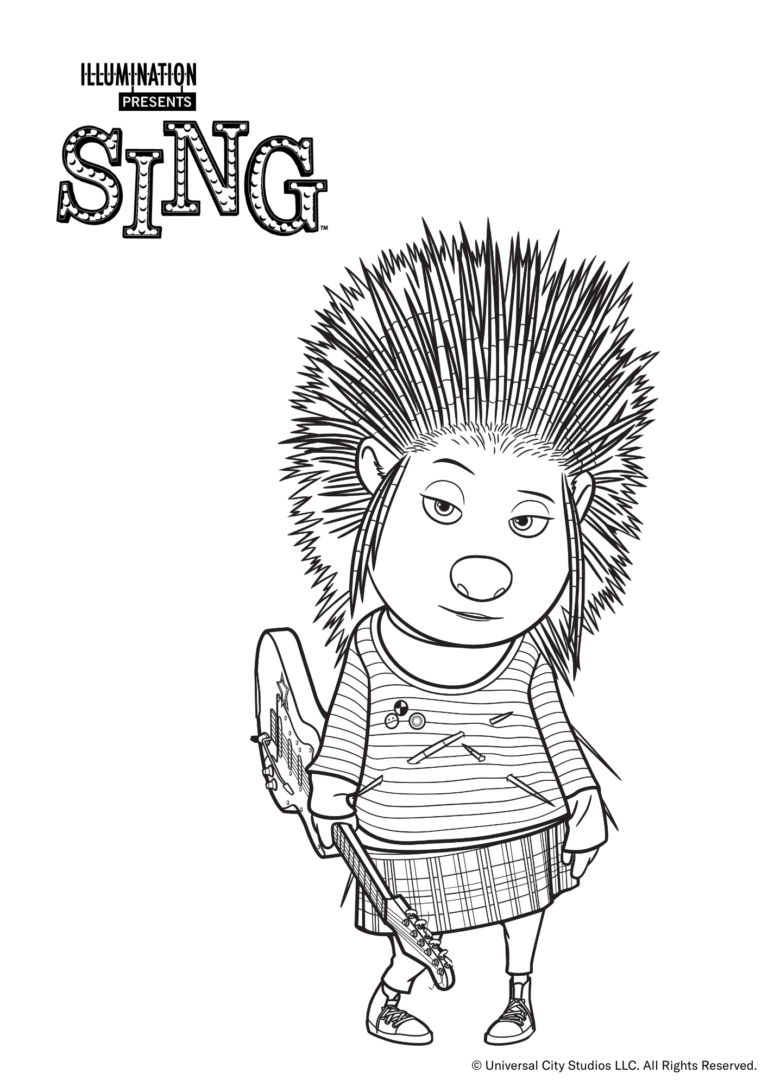 Ausmalbild von Sing. Man sieht die Stachelschwein-Dame "Ash" mit einer Gitarre in der Hand stehen.
