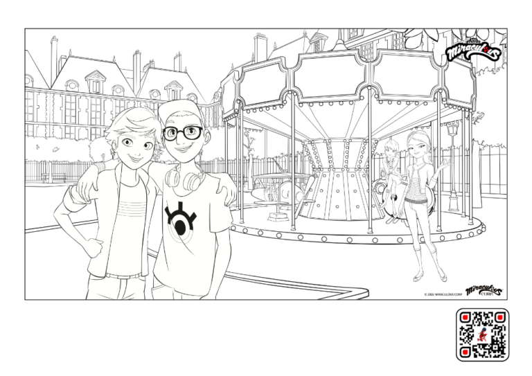 Ausmalbild von Miraculous. Man sieht mehrere Charaktere vor einem Kinderkarussell stehen.
