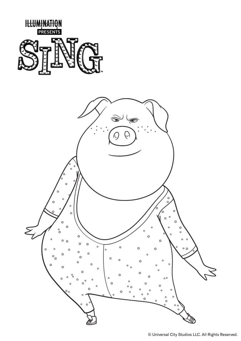 Ausmalbild von Sing. Man sieht das Schwein "Gunter" tanzend.