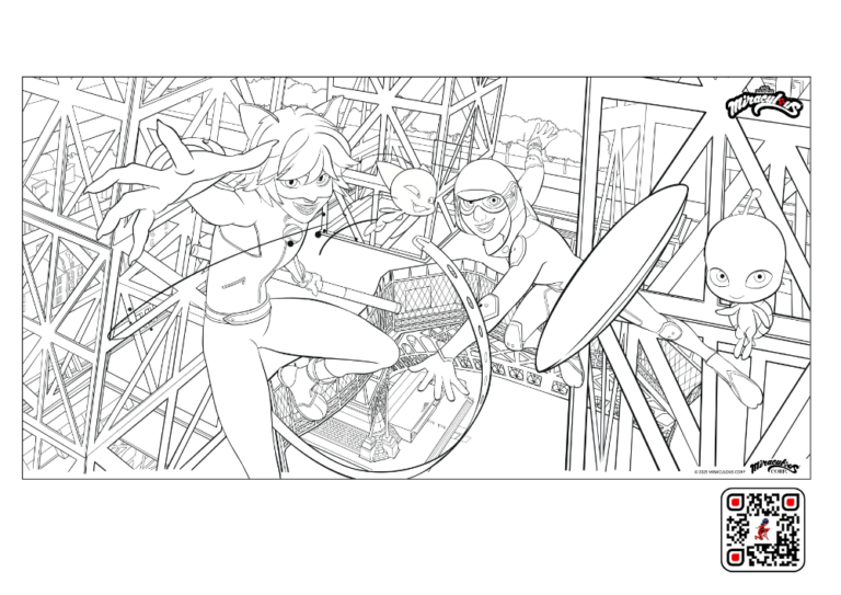 Ausmalbild zu Miraculous. Man sieht die Charaktere Cat Noir und Carapace vor dem Pariser Eiffelturm.