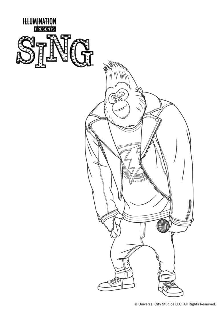Ausmalbild von Sing. Man sieht den Gorilla "Johnny" mit einem Mikrofon in der Hand.