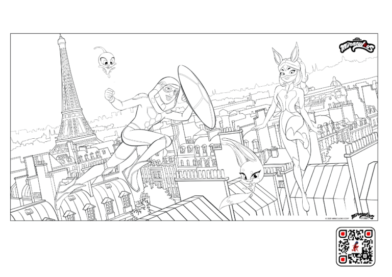 Ausmalbild zu Miraculous. Man sieht die Charaktere Carapace und Rena Rouge über den Dächern von Paris.