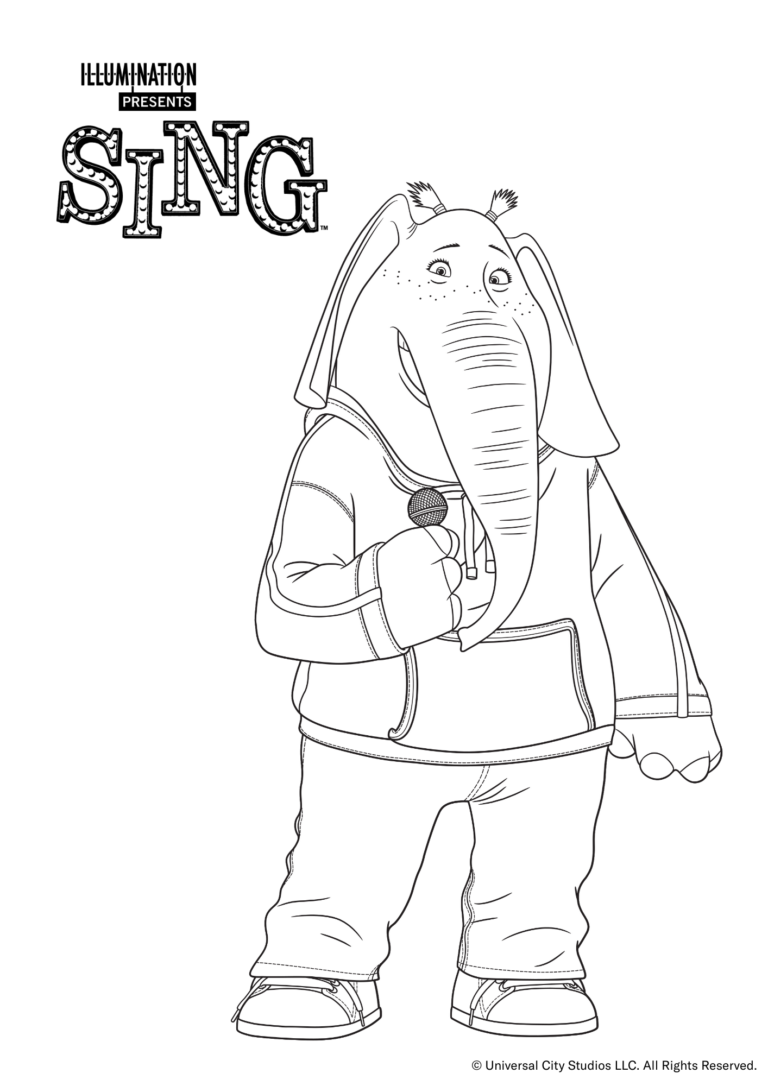 Ausmalbild von Sing. Man sieht die Elefanten-Dame "Meena" mit einem Mikrofon in der Hand.