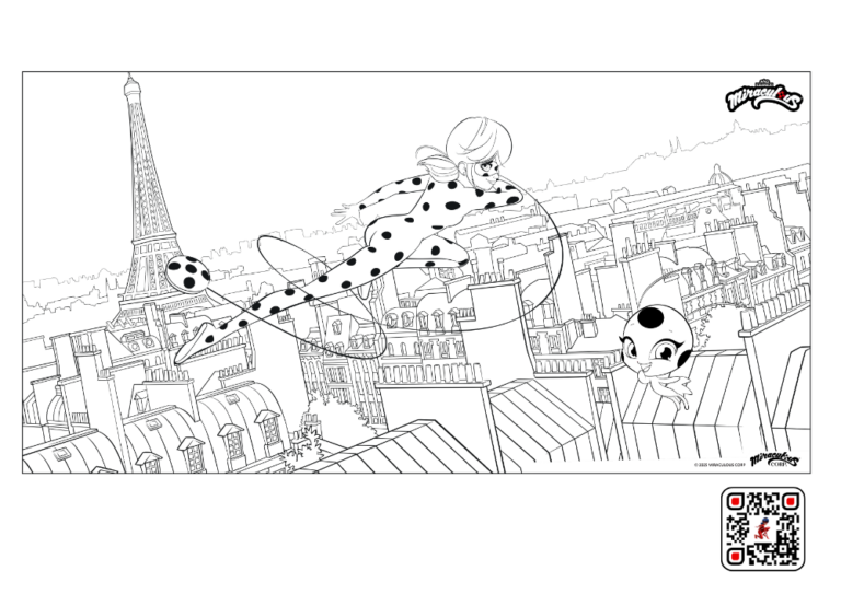 Ausmalbild zu Miraculous. Man sieht den Hauptcharakter Ladybug über den Dächern von Paris.