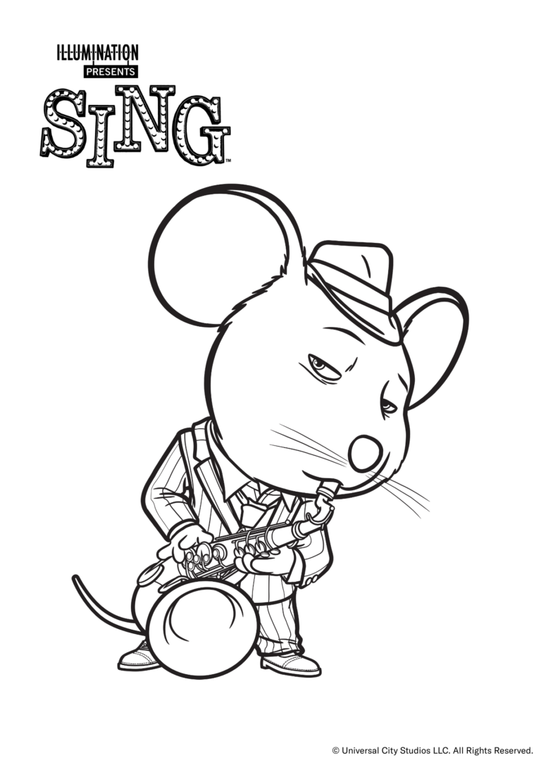 Ausmalbild von Sing. Man sieht die Maus "Mike" mit einem Saxophon in der Hand.