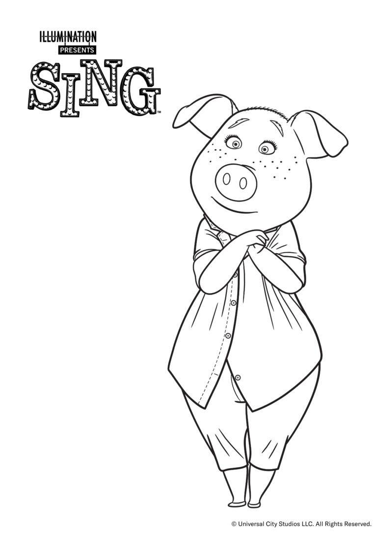 Ausmalbild von Sing. Man sieht die Schweine-Dame "Rosita" schüchtern dastehen.