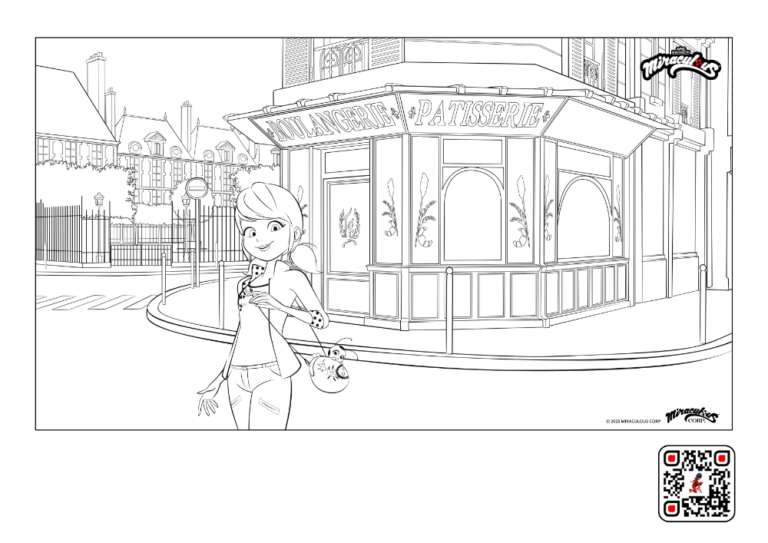 Ausmalbild von Miraculous. Man sieht den Charakter Marinette vor einer Pariser Pattisserie stehen.