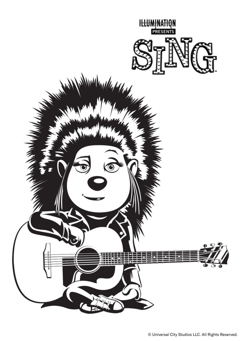 Ausmalbild von Sing im Cartoon-Stil. Man sieht die Stachelschwein-Dame "Ash" mit einer Gitarre unter dem Arm.