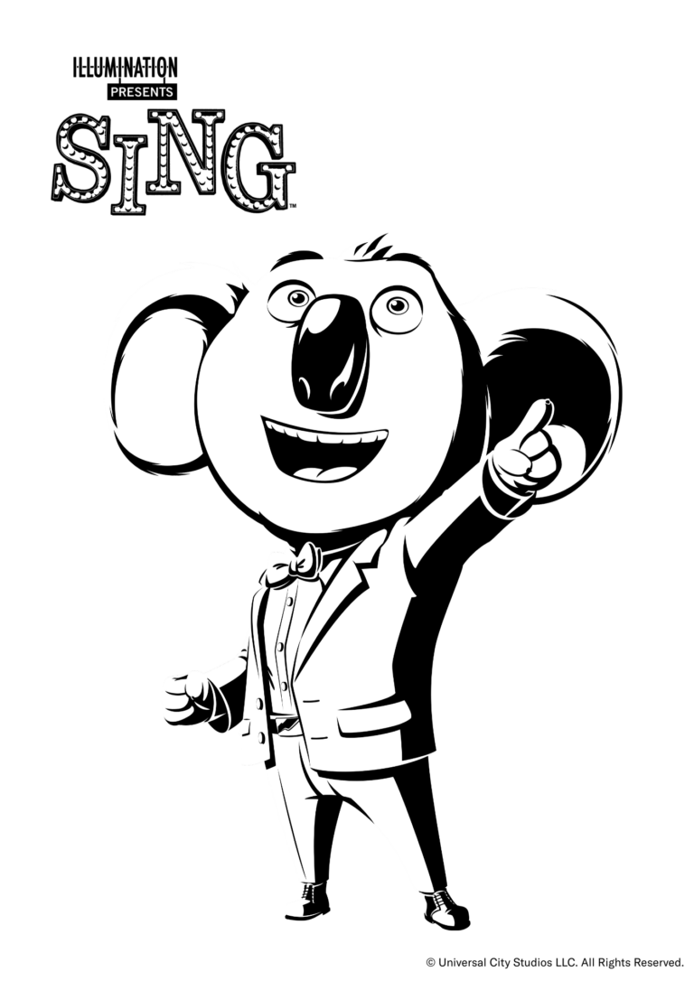 Ausmalbild von Sing im Cartoon-Stil. Man sieht die Stachelschwein-Dame "Ash" mit einer Gitarre unter dem Arm.