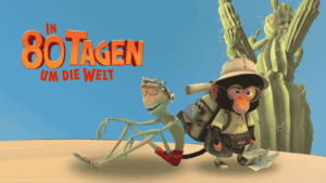 Beitragsbild zur Kreativseite von In 80 Tagen um die Welt. Das Banner führt zur Landingpage zum Original-Hörspiel zum Kinofilm, in der Infos zum Produkt und kostenlose Extras zum Ausmalen und Rätseln gegeben sind. Auf dem Banner sieht man die Protagonisten: den Affen Passepartout und den Frosch Phileas Frogg, die erschöpft und mit Sonnenbrand in der Wüste hocken. Im Hintergrund ist ein großer Kaktus zu sehen. Links ist das Logo abgebildet.