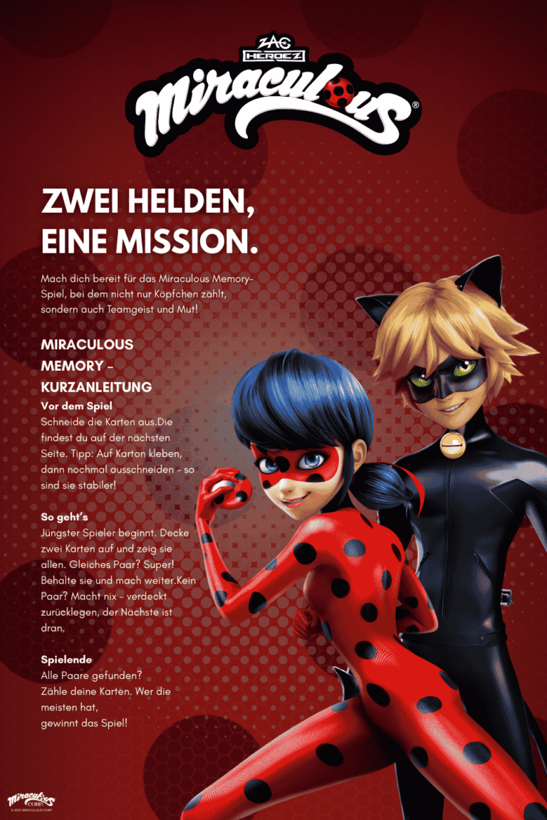 Man sieht die Anleitung zum Memo-Spiel mit den Charakteren aus Miraculous.
