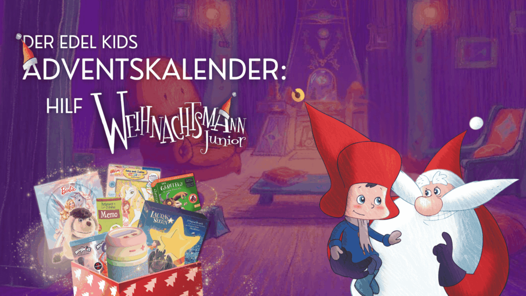 Auf dem Bannerbild zum Edel Kids Adventskalender 2025 ist links unten die Box mit den Gewinnspielen abgebildet und rechts unten die Hauptfiguren der Serie Weihnachtsmann Junior