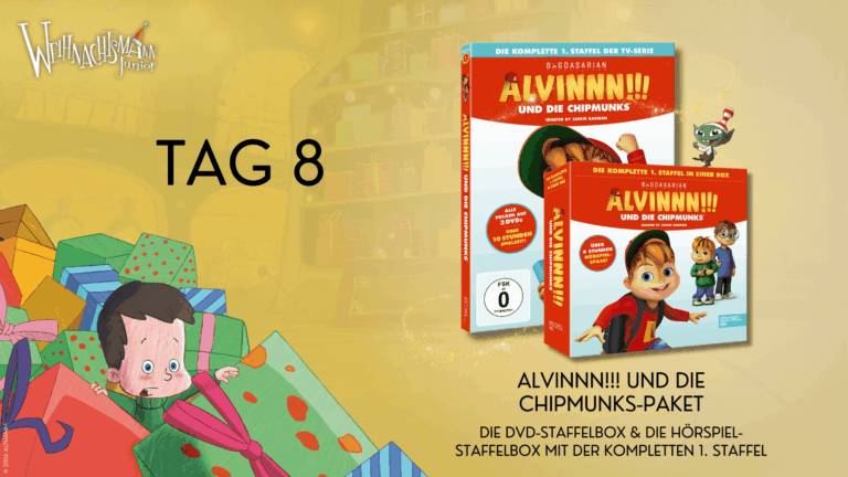 Gewinnspielpaket Tag 8 des Adventskalenders. Im Bild: Der Gewinn bestehend aus Alvin und die Chipmunks die 1. Staffelbox DVD und die 1. Staffelbox Hörspiel