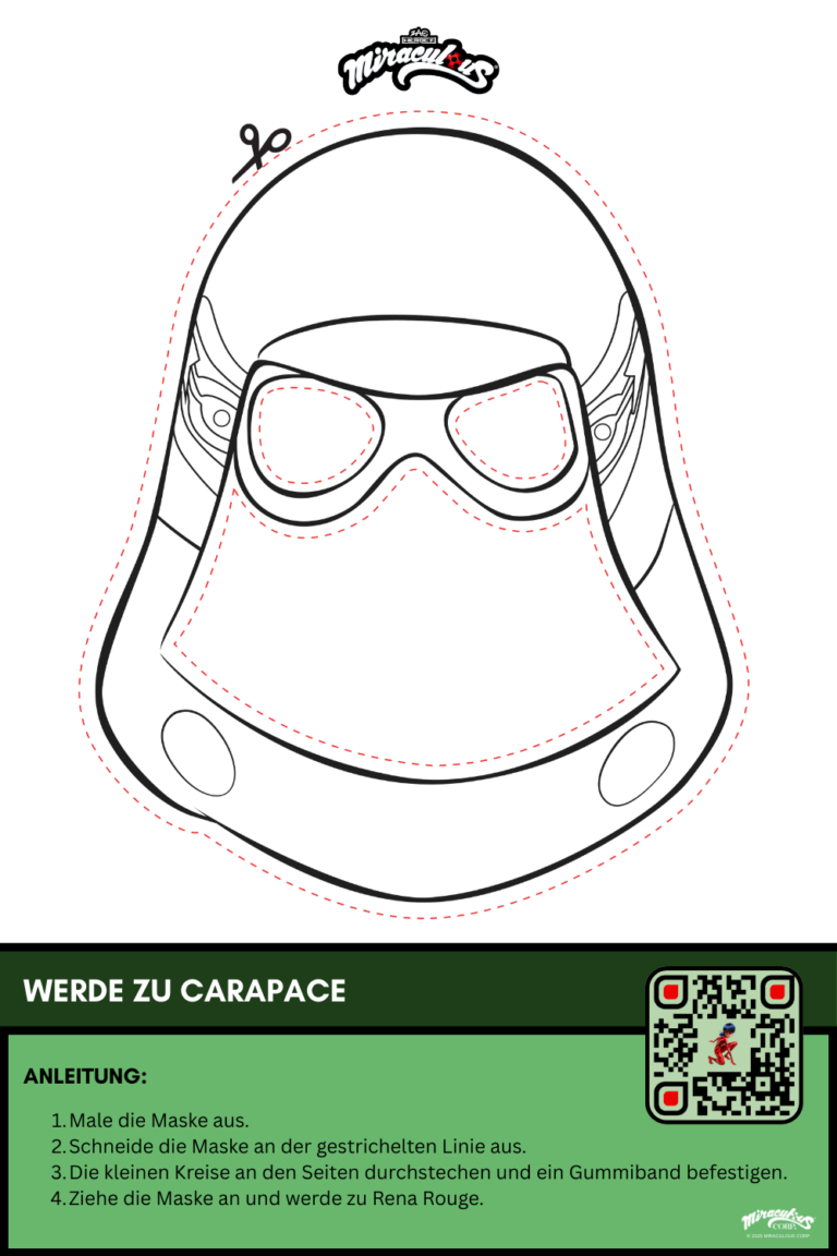 Bastelvorlage zu Carapace aus Miraculous. Man sieht den Kopf von dem Charakter zum Ausmalen und Ausschneiden.