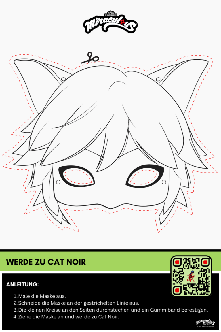 Bastelvorlage zu Cat Noir aus Miraculous. Man sieht den Kopf von dem Charakter zum Ausmalen und Ausschneiden.