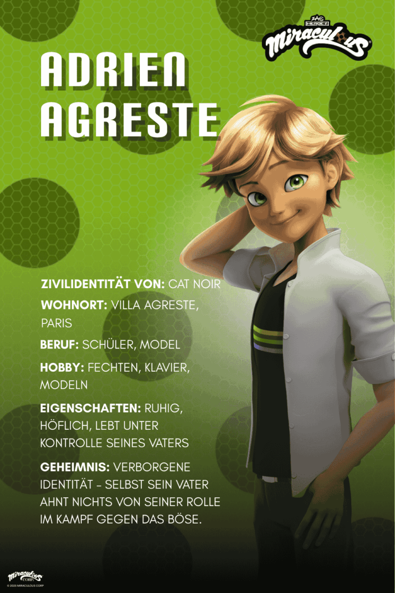 Man sieht eine Beschreibung des Charakters Adrien Agreste aus Miraculous