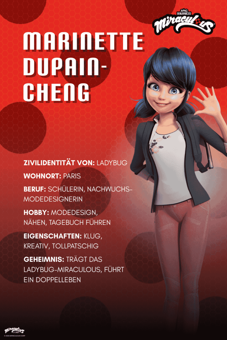 Man sieht eine Beschreibung des Charakters Marinette Dupain Cheng aus Miraculous