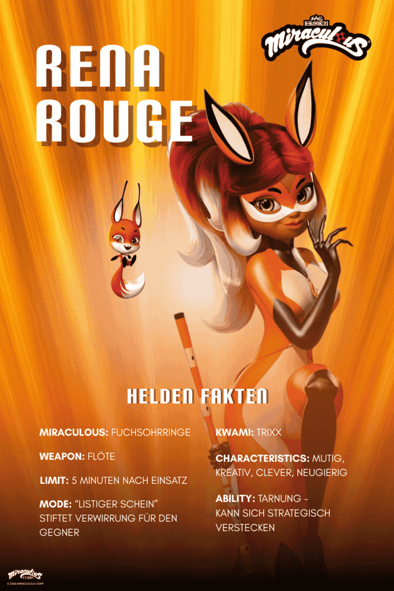 Man sieht eine Beschreibung der Superheldin Rena Rouge aus Miraculous