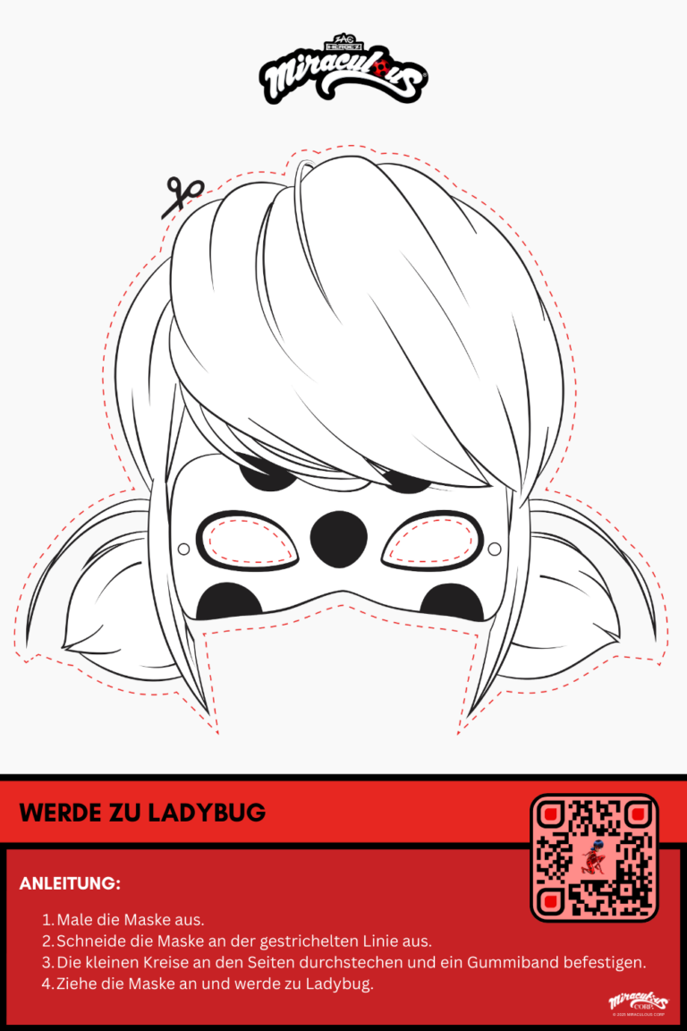 Bastelvorlage zu Ladybug aus Miraculous. Man sieht den Kopf von dem Charakter zum Ausmalen und Ausschneiden.