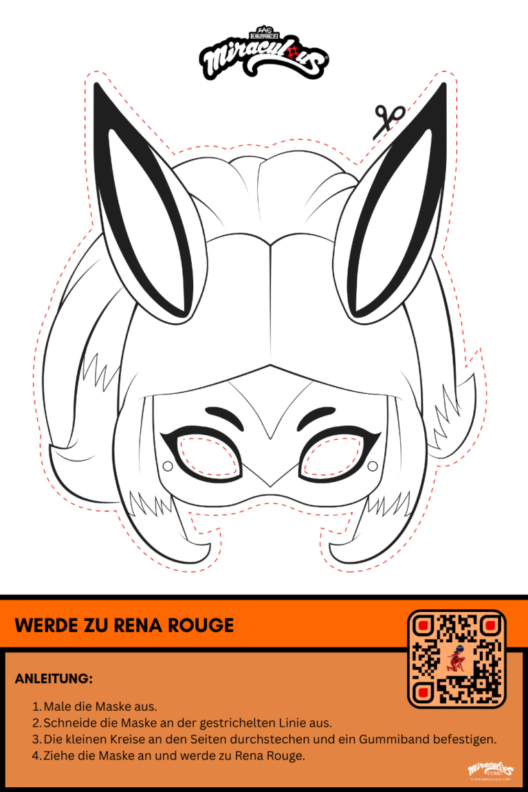 Bastelvorlage zu Rena Rouge aus Miraculous. Man sieht den Kopf von dem Charakter zum Ausmalen und Ausschneiden.