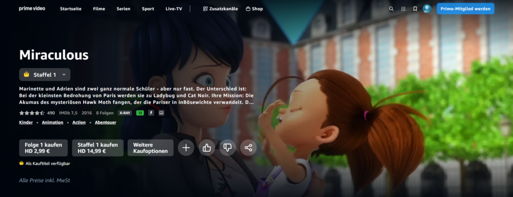 Man sieht einen Screenshot von Amazon, auf dem man sieht, dass man die Serie "Miraculous" auf dieser Plattform streman kann.
