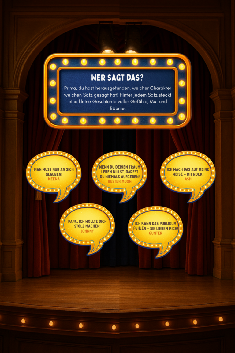 Man sieht eine Bühne im Hintergrund und im Vordergrund mehrere Sprechblasen mit Zitaten verschiedener Charaktere aus dem Sing Film. Außerdem ist unter den Zitaten die Auflösung eingeblendet, welcher Charakter das gesagt hat.