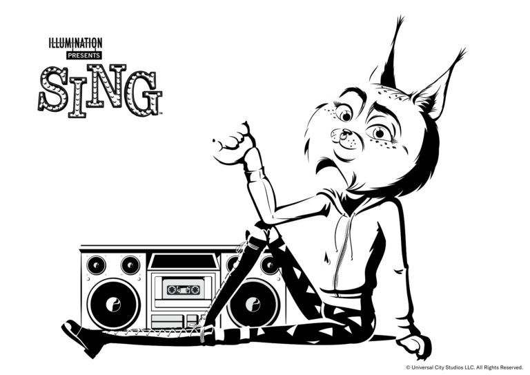 Ausmalbild von Sing im Cartoon-Stil. Man sieht die Luchs-Dame "Nooshy" mit einem Ghettoblaster auf dem Boden sitzend.