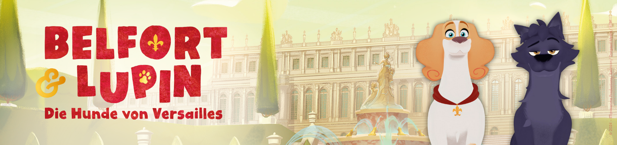 Website Banner zur Kreativseite von Belfort und Lupin. Man sieht die beiden Hauptcharaktere aus der Serie und das Logo.