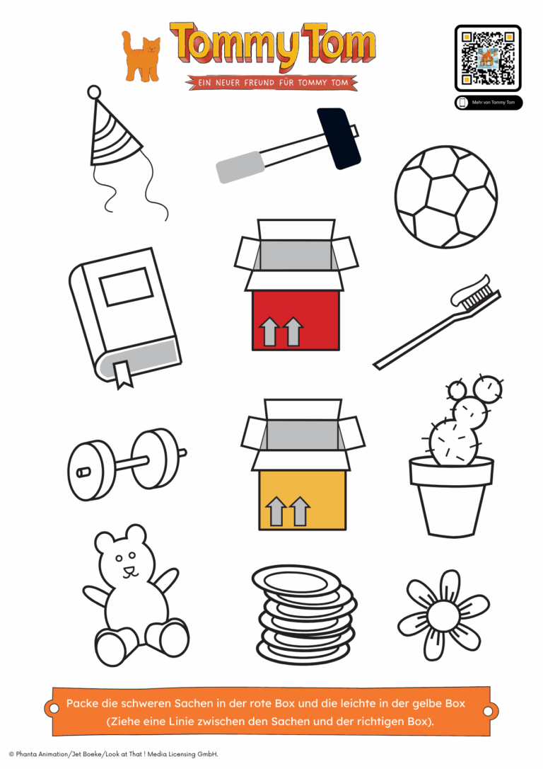 Arbeitsblatt zum Hörspiel Tommy Tom. Auf diesem sind unterschiedliche Gegenstände abgebildet, wie ein Teddy, ein Buch, ein Hammer, die in zwei bunte Kartons in der Mitte des Bildes zugeordnet werden sollen. In die obere rote Box sollen alle schweren Gegenstände und in die darunter-liegende gelbe Box die leichten Gegenstände. Die Sachen sollen per Linien mit den Boxen verbunden werden. Außerdem sieht man das Logo von Tommy Tom und den QR-Code zum Hörspiel
