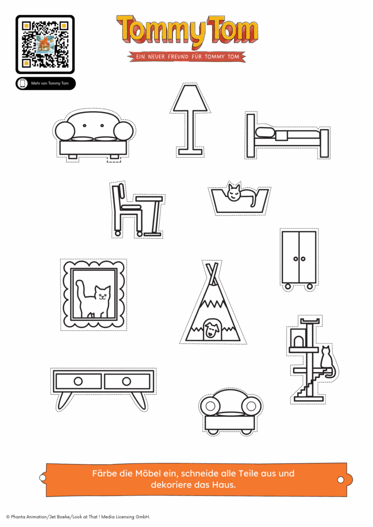 Auf dem Arbeitsblatt sind elf Möbel zu sehen, die ausgemalt und ausgeschnitten werden können. Anschließend kann man damit das Haus von Seite 1 dekorieren. Außerdem ist das Logo von Tommy Tom zu sehen und ein QR-Code zum Hörspiel.